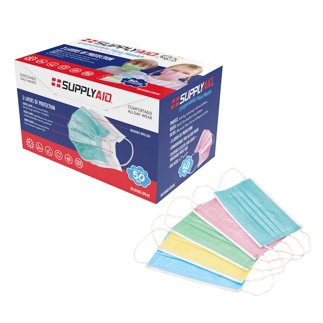 Supply Aid 50-pack of Kids Size Multi-Color Disposable Face Masks