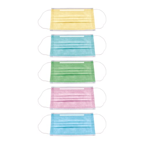 5 different colors of kids disposable face masks: yellow, aqua, green, and blue.