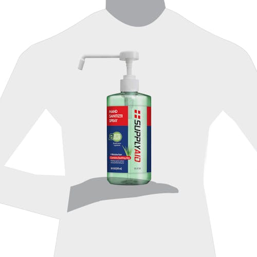 Actual size depiction of the hand sanitizer spray, which can fit in one hand.