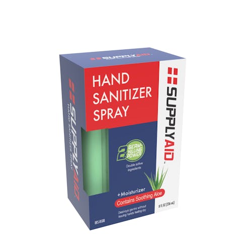 Packaging for the 8-ounce hand sanitizer spray.