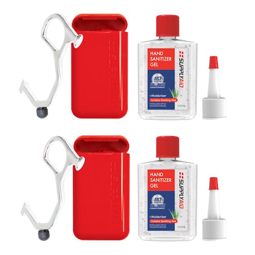 Supply Aid 2-pack of no-touch hand key tools, 2-ounce hand sanitizers, and fill nozzle tips.