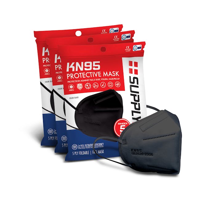 Supply Aid 3-pack of KN95 protective face masks in black.