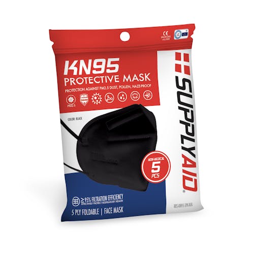 Front of the packaging for the black KN95 Protective Face Masks.