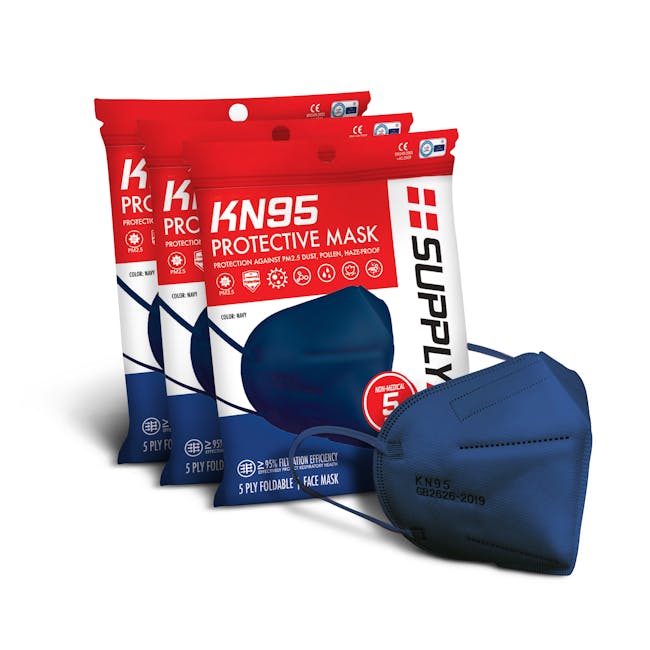 Supply Aid 3-packs of 5 KN95 protective face masks in navy.