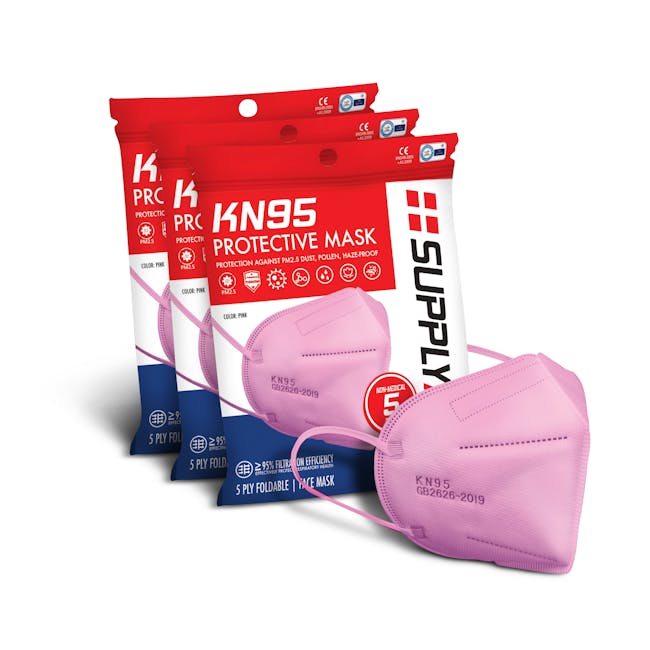 Supply Aid 3 packs of 5 KN95 protective face masks in pink.
