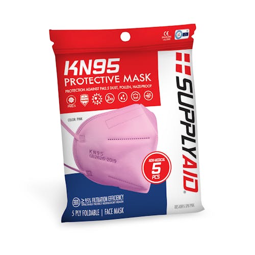 Front of the packaging for the pink KN95 Protective Face Masks.