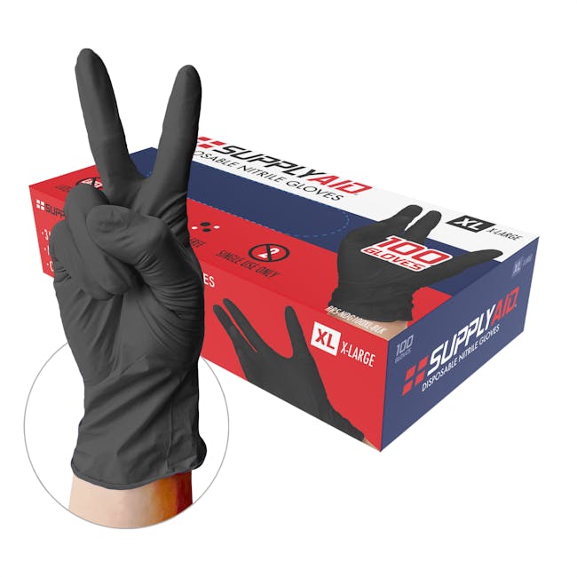 Supply Aid 100-count of extra large black Nitrile Disposable Gloves.