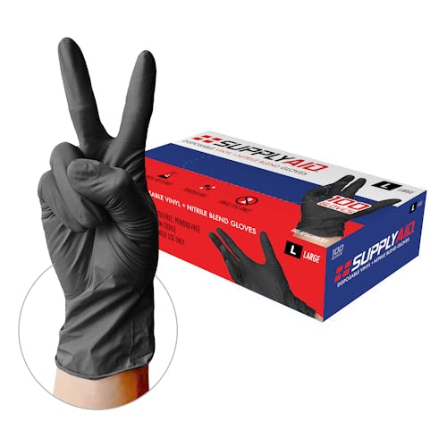 Supply Aid 100-count of large black Vinyl and Nitrile Blend Disposable Examination Gloves.