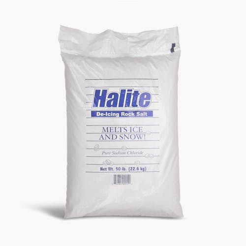 Front of the Halite 50-pound rock salt ice melt bag.