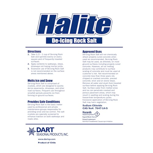 Directions and approved uses for the Halite Rock Salt Ice Melt.