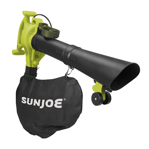 Sun Joe 14-amp 3-in-1 Electric Leaf Blower, Vacuum, and Mulcher with the vacuum tube and collection bag.