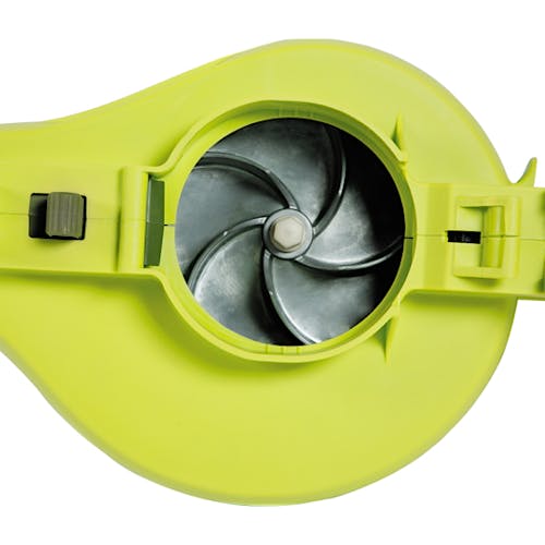 Close-up of the fan inside the Sun Joe 14-amp 3-in-1 Electric Leaf Blower, Vacuum, and Mulcher.