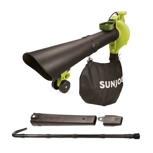 Sun Joe 14-amp 4-in-1 Electric Leaf Blower, Vacuum, Mulcher, and Gutter Cleaner with blower and gutting cleaning attachments.