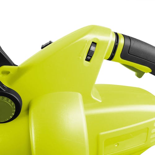 Close-up of the handle on the Sun Joe 12-amp 3-in-1 Outdoor Electric Leaf Blower, Vacuum, and Mulcher.