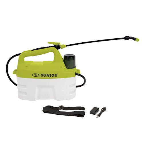 Sun Joe 4-volt 1-gallon Cordless All Purpose Chemical Sprayer with shoulder strap and charger.