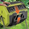Sun Joe 42-gallon All-Season Outdoor Tumbling Composter with arrows showing the tumbling direction.