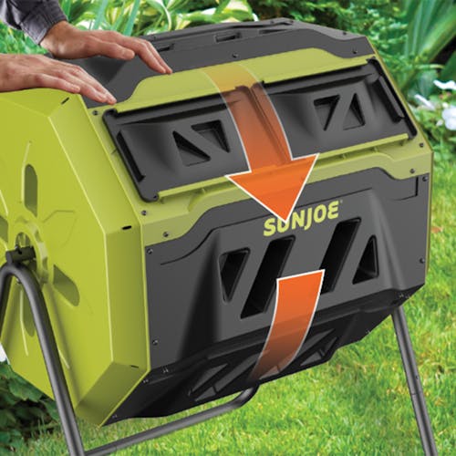 Sun Joe 42-gallon All-Season Outdoor Tumbling Composter with arrows showing the tumbling direction.