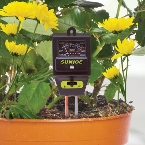 Sun Joe 3-in-1 Soil Meter with Moisture, pH, and Light Meter in the soil of a potted flower.