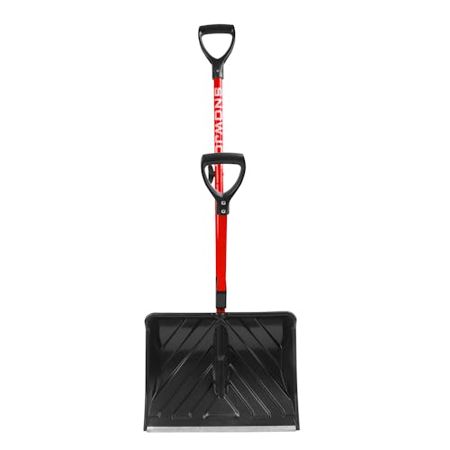 Front view of the Snow Joe 18-inch Red Shovelution Strain-Reducing Snow Shovel with spring assisted handle.