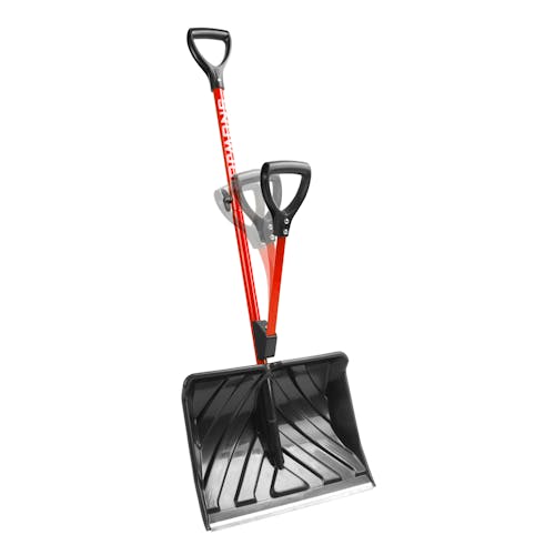 Angled view of the Snow Joe 18-inch Red Shovelution Strain-Reducing Snow Shovel with motion blur showing the spring assisted handle.