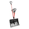 Angled view of the Snow Joe 18-inch Red Shovelution Strain-Reducing Snow Shovel with motion blur showing the spring assisted handle.