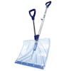 Angled view of the Snow Joe 18-inch Strain-Reducing Shatter Resistant Polycarbonate Snow Shovel with Spring Assisted Handle.