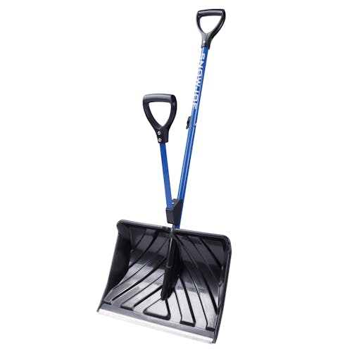 Snow Joe 20-inch Blue Shovelution Strain-Reducing Snow Shovel with spring assisted handle.