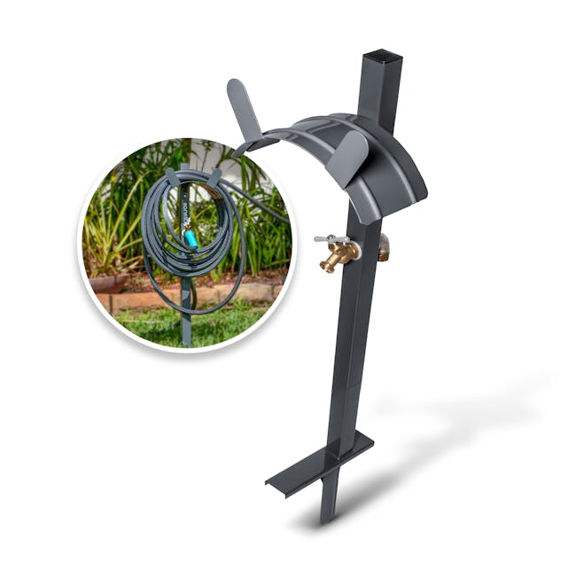 Aqua Joe garden hose stand with inset image of product in use