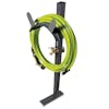 Aqua Joe Gray Garden Hose Stand with Brass Faucet holding a garden hose.