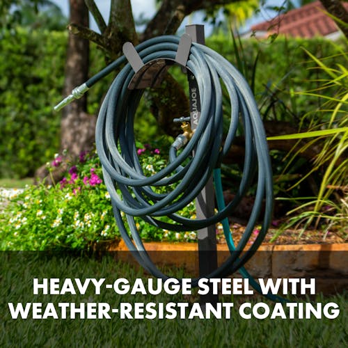Heavy duty steel composition and weather resistant coating of the aqua joe steel hose stand