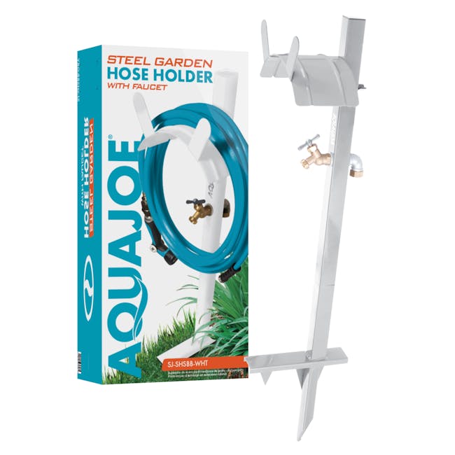 Aqua Joe White Garden Hose Stand with Brass Faucet and packaging beside it.