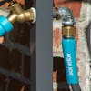 Aqua Joe Garden hose connected to the gray stand.