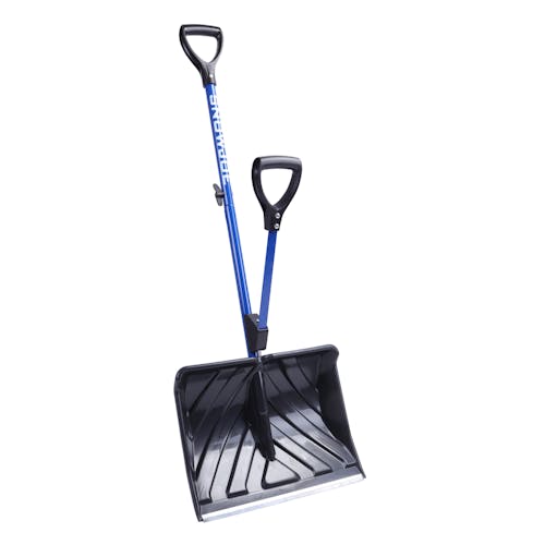 Snow Joe 18-inch Blue Shovelution Strain-Reducing Snow Shovel with spring assisted handle.