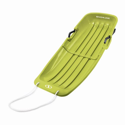 Angled view of the Snow Joe 48-inch green-colored kids snow sled.