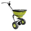 Left-angled view of the Sun Joe Multi-Purpose Walk-Behind Spreader with the cover on/