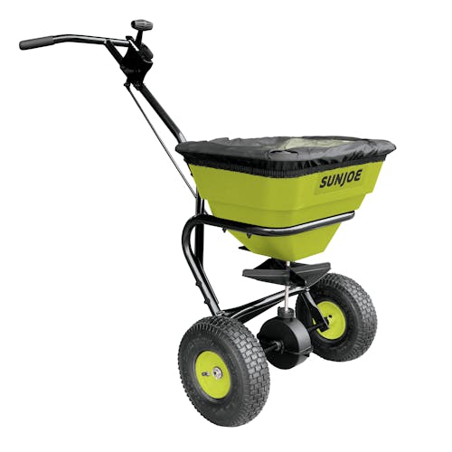 Left-angled view of the Sun Joe Multi-Purpose Walk-Behind Spreader with the cover on/