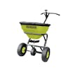 Right-angled view of the Sun Joe Multi-Purpose Walk-Behind Spreader with the cover on.