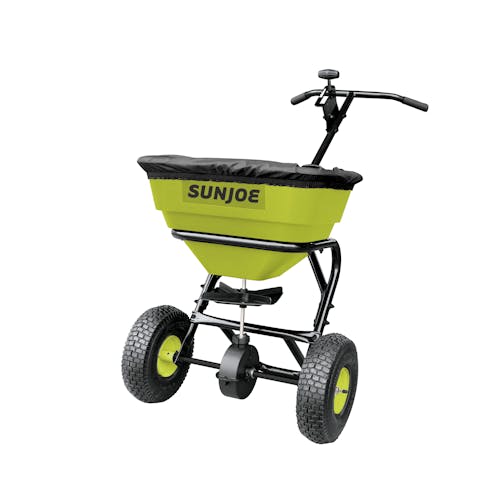 Right-angled view of the Sun Joe Multi-Purpose Walk-Behind Spreader with the cover on.