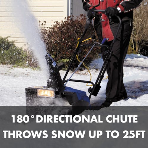 180-degree directional chute throws snow up to 25 feet.