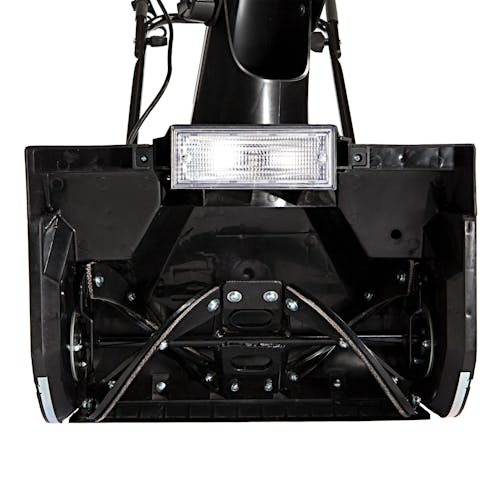 Close-up of the blades and headlight on the Snow Joe 15-amp 18-inch electric single-stage snow thrower.