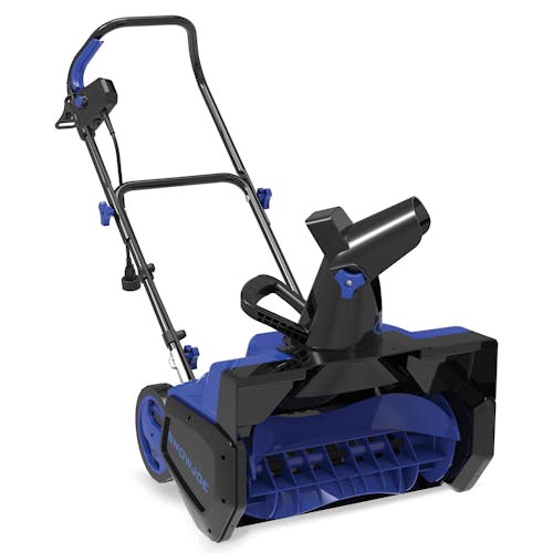 Angled view of the Snow Joe 14-amp 21-inch Electric single-stage snow blower with plastic blades.