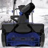 Close-up of the front of the Snow Joe 14-amp 21-inch Electric single-stage snow blower with plastic blades.