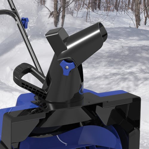 Close-up of the thrower chute on the Snow Joe 14-amp 21-inch Electric single-stage snow blower with plastic blades.