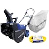 Snow Joe 15-amp 22-inch electric snow thrower with dual LED lights, snow blower cover, and 50-foot extension cord.
