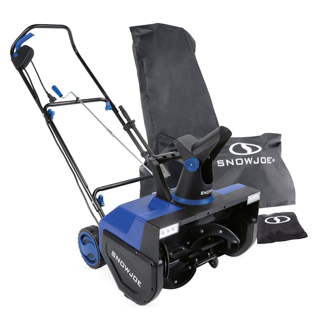 Snow Joe 15-amp 22-inch electric snow thrower with dual LED lights with cover and cover storage bag.
