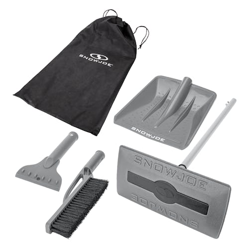 Snow Joe 4-in-1 gray-colored Multi-Purpose Auto Snow Tool Kit with snow broom, brush, shovel, and scraper attachments, and a storage bag.