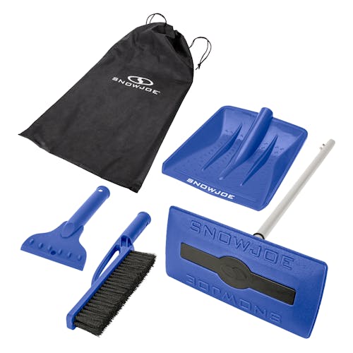 Snow Joe 4-in-1 blue-colored Multi-Purpose Auto Snow Tool Kit with snow broom, brush, shovel, and scraper attachments, and a storage bag.