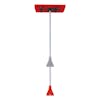 Snow Joe 4-in-1 telescoping red-colored snow broom and ice scraper with motion blur showing the extendable pole.