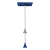 Snow Joe 4-in-1 telescoping blue-colored snow broom and ice scraper with motion blur showing the extendable pole.
