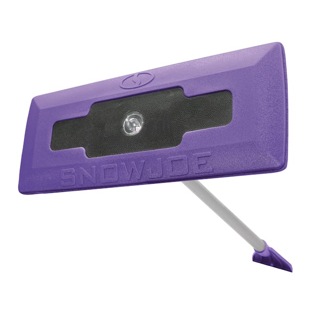 Snow Joe 18-inch 3-in-1 purple-colored telescoping snow broom and ice scraper with an LED light.
